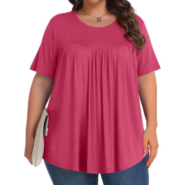 Aqestyerly Blouse à Manches Courtes pour Femmes Grande Taille, Col Rond Uni Plié, Haut en Tricot Doux et Confortable pour Tenue Décontractée