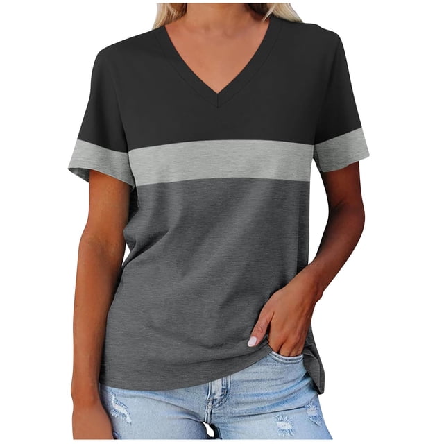 Yuyuzo T-Shirts pour Femmes Manches Courtes Décontractés Col en V Tops d'Été Color Block Tees Amples