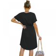 thumbnail image 4 of Femmes Mini Robe Taille Haute Manches Courtes Basique Robe Fluide Ample Ajustement V Cou Solide Couleur Ceinture Robe de Soirée, 4 of 9