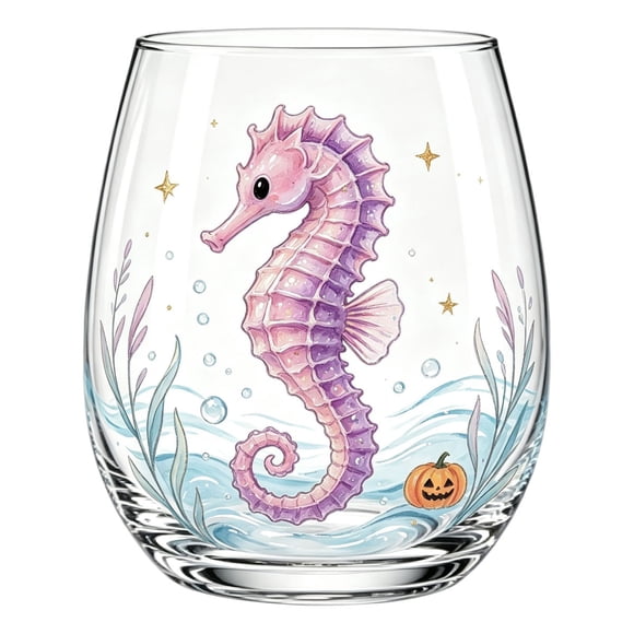 SLYNSHome Stemless Wine Glass 2D Sea Animals, Ocean Themed Clear Tumbler With Seaweed And Star Design, Coastal Home Decor Drinkware For Sea Lovers