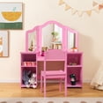thumbnail image 3 of Gymax Kids Vanity 2 in 1 Princess Makeup Desk & Chair Set Safe Tri-fold Mirror Pink, 3 of 9