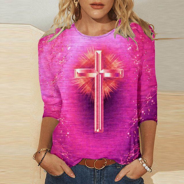 Xihbxyly Hauts pour Femmes Manches 3/4 T-shirt Imprimé Col Rond de Pâques Manches 3/4 Chandail Col Rond Articles en Liquidation