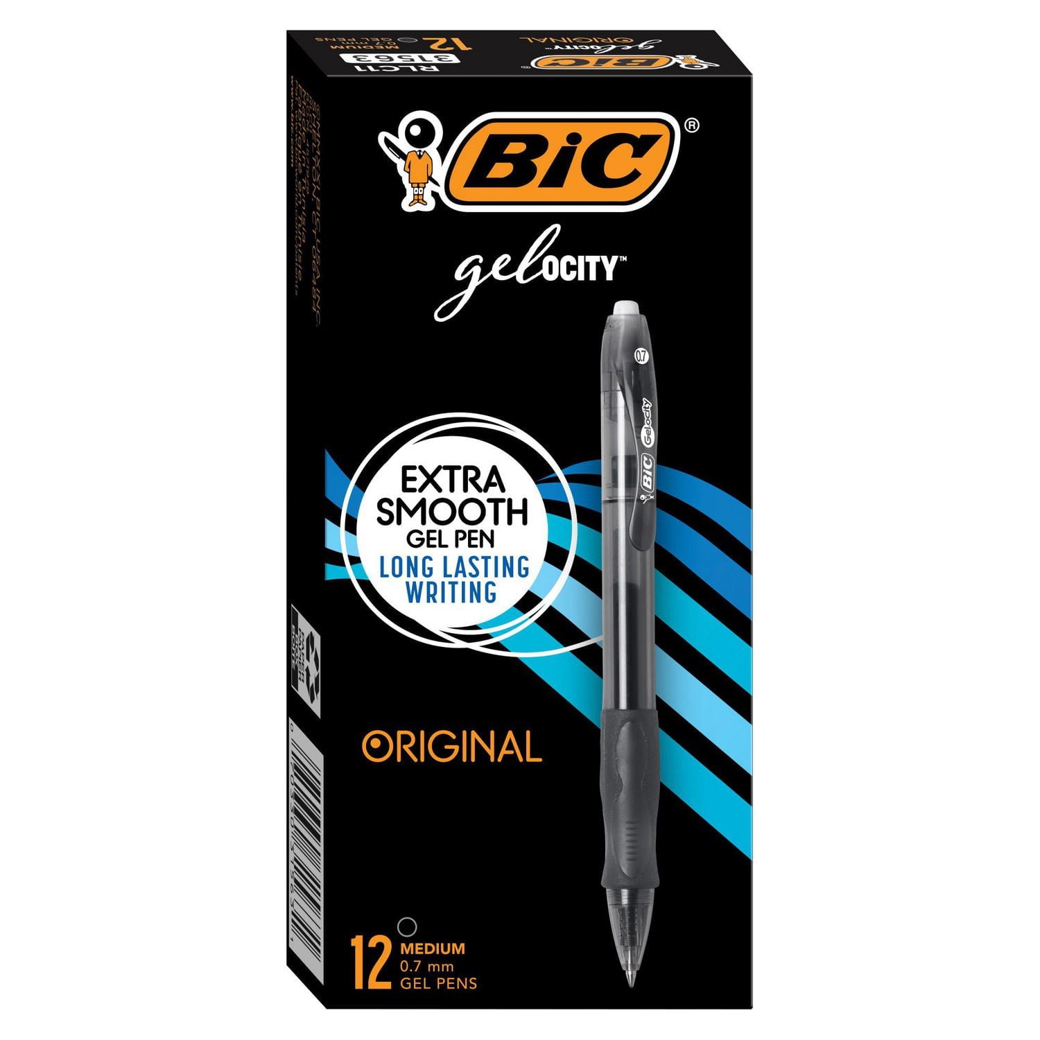 Stylos Gel BIC Gelocity Original Noir, Pointe Moyenne (0.7 mm), Boîte de 12, Stylos Gel Rétractables Avec Prise Confortable