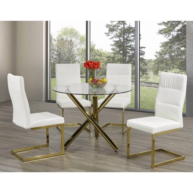 Fresno Ensemble de Salle à Manger 5 Pcs, Blanc/or avec une table Circulaire Comprenant un Dessus en Verre Trempé Transparent de 10 mm et une base en X Dorée, Assorti à Quatre Chaises Sans Accoudoirs Rembourrées en Tissu Blanc avec Sièges Rembourrés et Pattes cantilever Dorées, Ensemble dans une Pièce Lumineuse avec de Grandes Fenêtres Surplombant des Arbres, Convient Aussi pour un Espace de Travail Élégant Ou un Coin-Déjeuner.