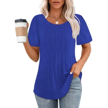 Moins de 10, Haut Uni à Manches Courtes et Col Rond pour Femmes, Coupe Décontractée pour le Quotidien Léger et Aéré/95 % Polyester, 5 % Élasthanne, Bleu, Sopatenor