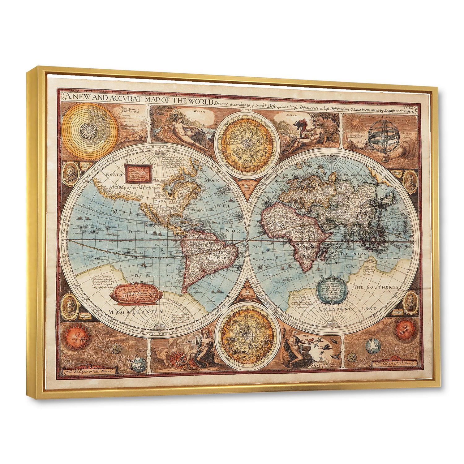 Designart Ancienne carte du monde VIII ART MURAL À CADRE FLOTT