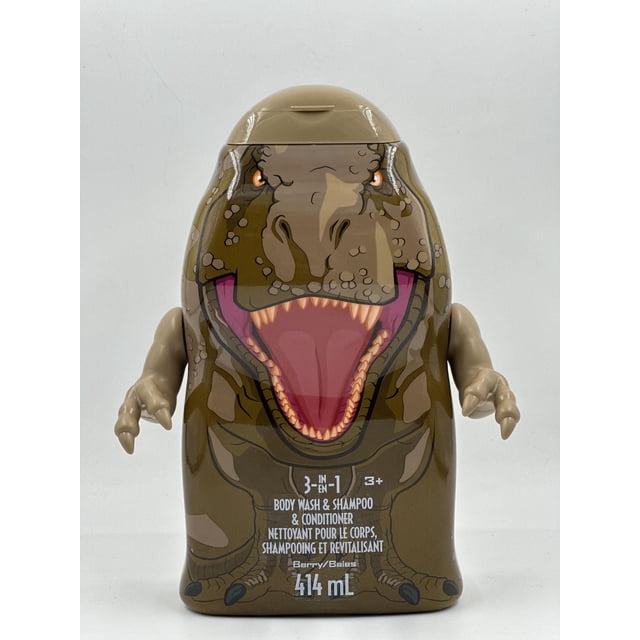 Jurassic Carafe 3D 3 en 1 en Forme de Dinosaure T-Rex Brun avec Bouche Ouverte et Dents Tranchantes, avec Bras de Chaque Côté, Contenant 414 ml de Gel Douche 3-en-1 Parfum Baie, Shampooing et Revitalisant pour Enfants de 3 Ans et Plus.