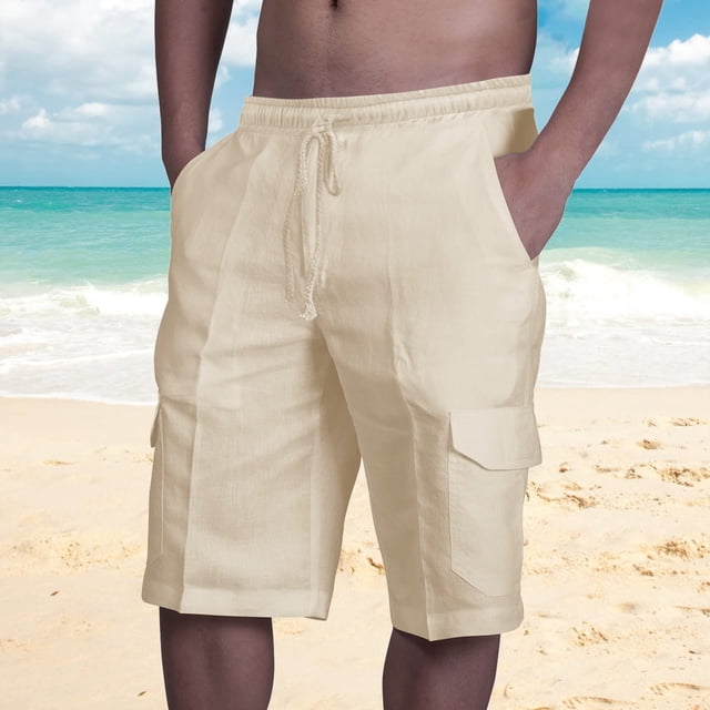 AherBiu Mens Shorts Linen Drawstring Elastic Waist Classic Fitted Casual Summer Beach Shorts with Pockets