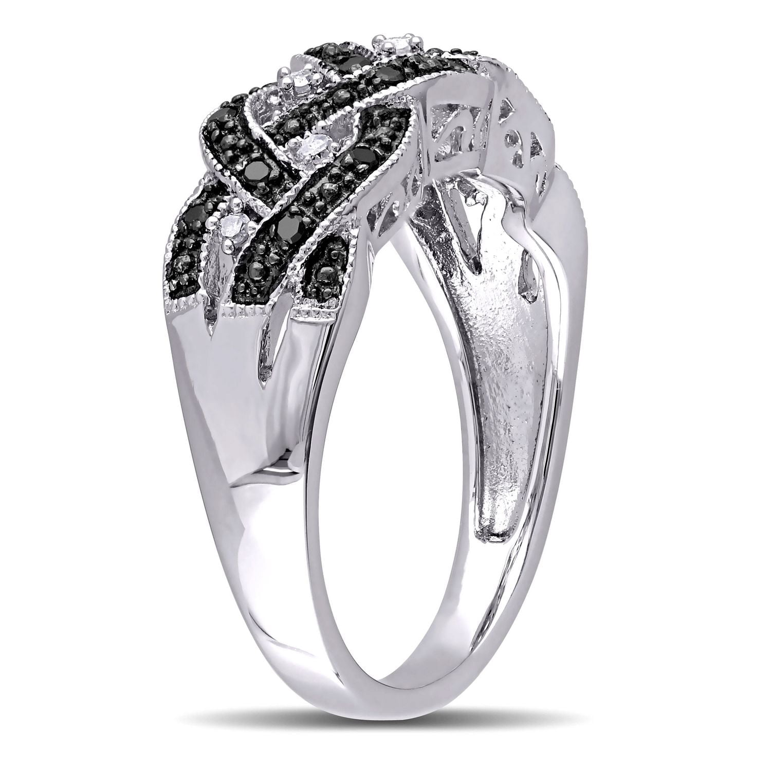 Bague tressée avec diamants noirs et blancs 0,16 ct poids total en argent sterling