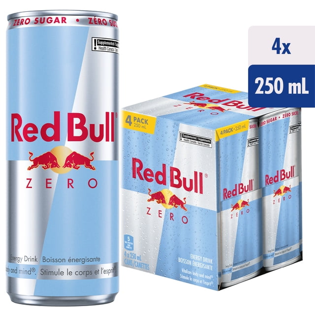 Red Bull Zero Sugar energy drink 250 ml can and 4-pack carton in silver and light blue with red logo and two bulls, containing caffeine and taurine to vitalize body and mind, ideal for a sugar-free energy boost during busy days or travel.