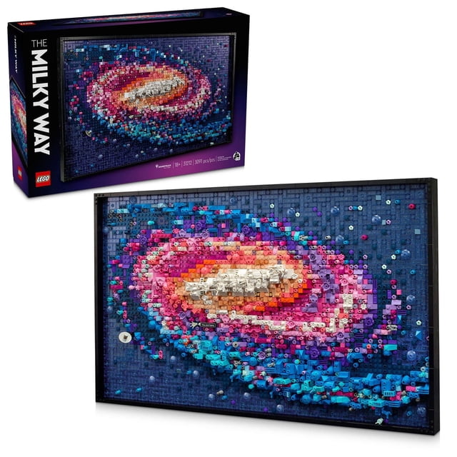 LEGO Art la Voie Lactée Décoration Murale Galaxie avec une Mosaïque 3D de la Voie Lactée en Briques Multicolores Incluant Rose, Bleu, Violet et Blanc, Encadrée en Noir, Mesurant Plus de 15,5 par 25,5 Pouces, Convient comme Décoration Intérieure à Thème Spatial Ou Cadeau d'Astronomie.