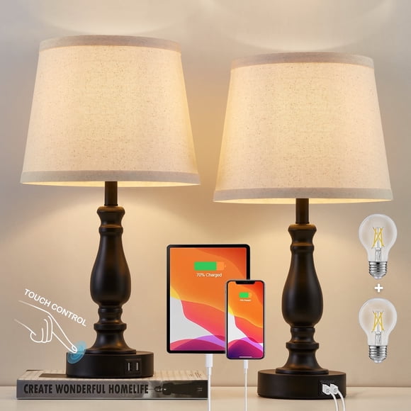 NATYSWAN Table Lamps Set of 2, Lamps for Bedroom with USB Charging Ports, 3 Way Dimmable Touch with Linen Fabric Lampshade, Modern Small Lamp for Nightstand, Living Room (Bulbs Included)