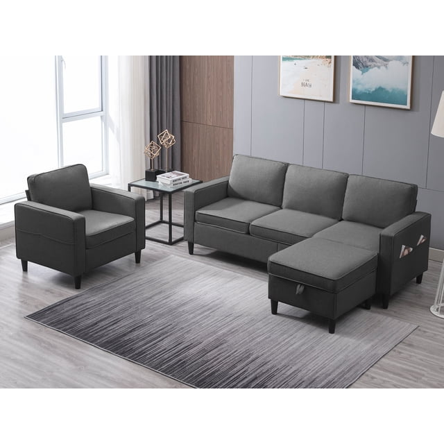 BALUS 2 Pieces Couch Set, L Shaped Sofa with Storage Ottoman, 5-Seats Sectionals, Living Room Set Furniture, Linen, Dark Gray