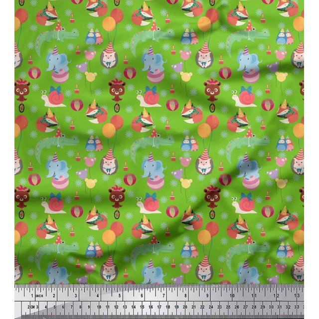 Soimoi Polyester Crepe Fabric Balloon & Cute Animals Kids Print Sewing Fabric Yard 52 Inch Wide