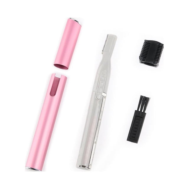 CHOK Eyebrow trimmer Women Electric Facial Hair Eyebrow Trimmer Razor in pink, featuring a pen-shaped design with durable hard plastic and aluminum construction. Includes a trimmer, eyebrow comb, and cleaning brush. Compact and portable, powered by one AAA battery (not included), suitable for removing unwanted hair on the face, back of the neck, and arms.