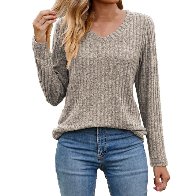 vdgthytj Sweaters for Women Long Sleeve Fall Fashion V Neck Knitted Tops Comfort Soft Basic Pullover Shirts