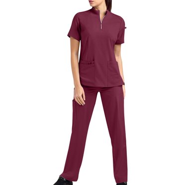 UPPADA Women's Solid Scrubs Set Jogger Suit Slim Stretch V Neck Scrub Shirts and Wide Leg Pants with Pockets for Nurse Uniform Easy Care Workwear Wine,S