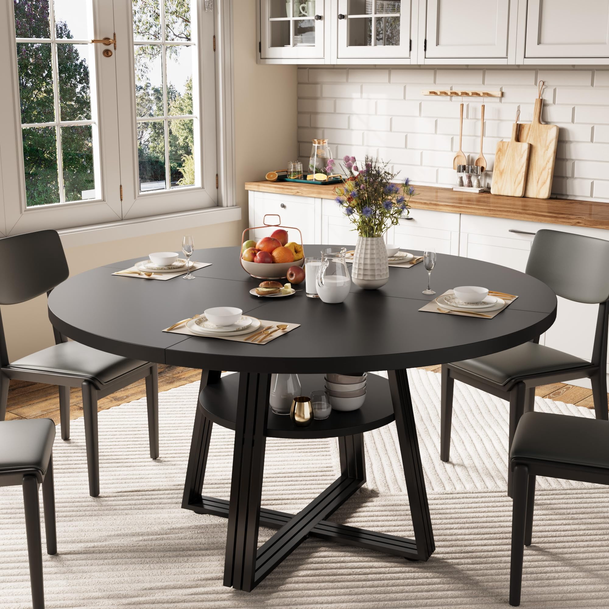 47.2" Round Dining Table for 4-6, Farmhouse Kitchen Table with Storage Shelf, Modern Circle Dinner Table with Black Metal Legs for Dining Room, Apartment, Black