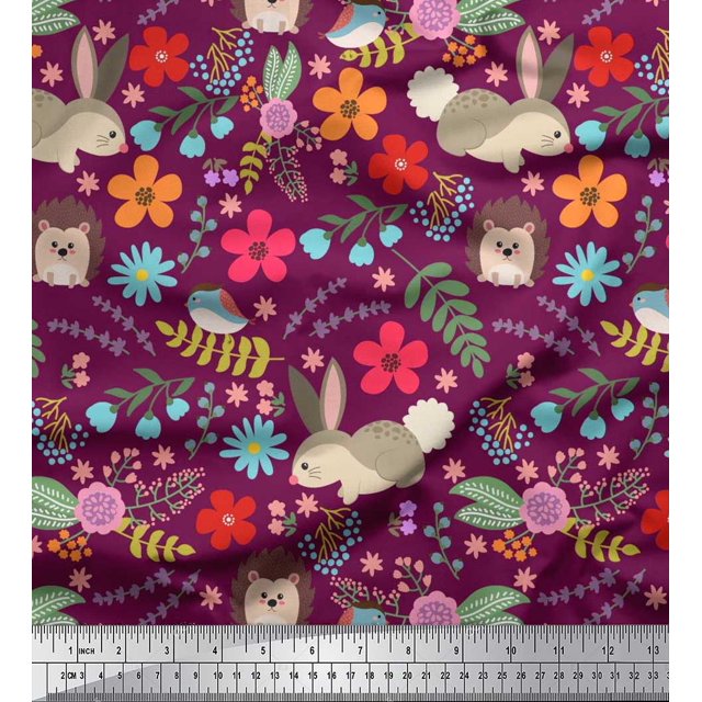 Soimoi Cotton Duck Fabric Floral,Rabbit & Porcupine Cartoon Print Fabric by The Yard 56 Inch Wide