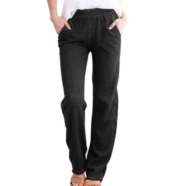 Ltctricy Jeans à Jambe Droite pour Femmes, Style Bureau Décontracté, Taille Haute, Extensibles, à Enfiler, Pantalon de Travail Ample Tendance avec Poches (Noir, XX-Grand)