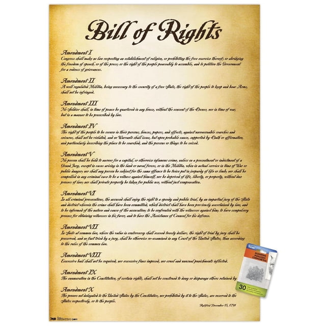 Les États-Unis d'Amérique - Affiche Murale de la Déclaration des Droits, 22,375 Pouces x 34 Pouces, Présentant les Dix Premiers Amendements à la Constitution des États-Unis en Caractères Noirs sur un Fond beige de Style Parchemin Imprimé sur Papier d'Affiche Lustré. Comprend 30 Épingles Poussoirs Transparentes pour une Suspension Facile. Convient à l'Art Mural Éducatif, à la Maison, au Bureau Ou à la Déco de Dortoir.