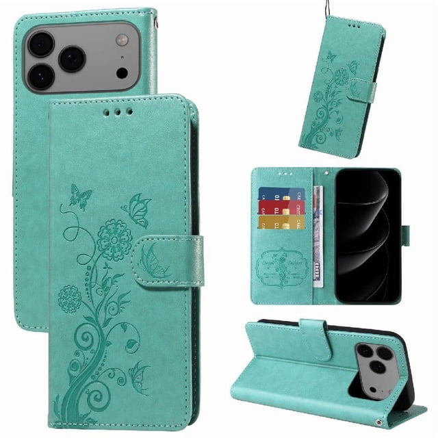 Étui à Rabat pour iPhone 17 Pro Max Fentes pour Cartes Fleur en Cuir à Rabat