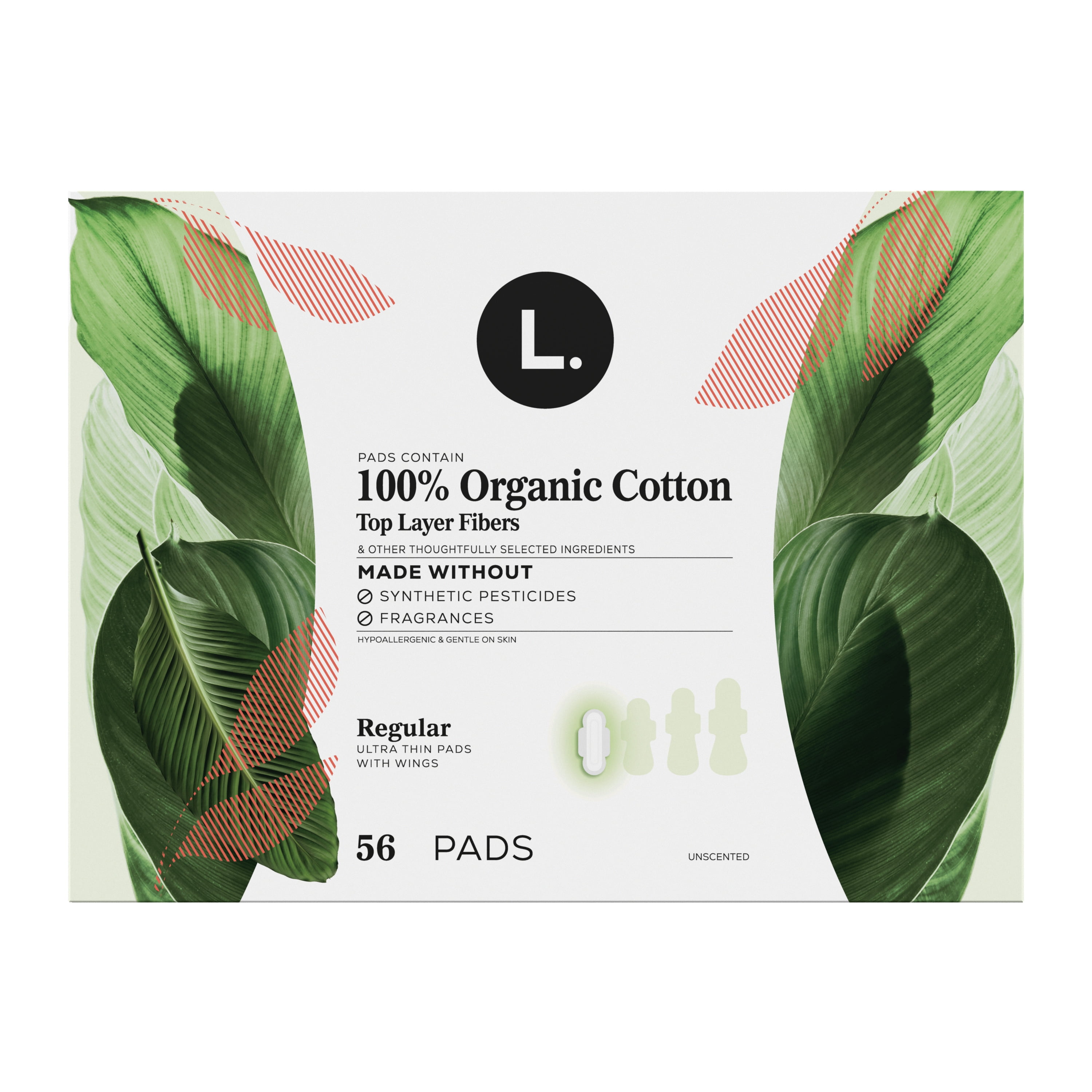 Serviettes menstruelles L. ultraminces pour femmes, degré d’absorption régulier, voile supérieur en coton biologique, avec ailes, 56 U