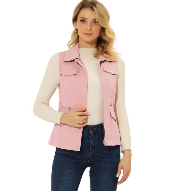INSPIRE CHIC Veste Zippée pour Femme Sans Manches Anorak Gilet Utilitaire Veste avec Poches P Rose
