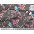thumbnail image 2 of Soimoi Gray polyester Crepe Fabric Red Berries & Bulbul Bird Print Sewing Fabric Yard 42 Inch Wide, 2 of 3