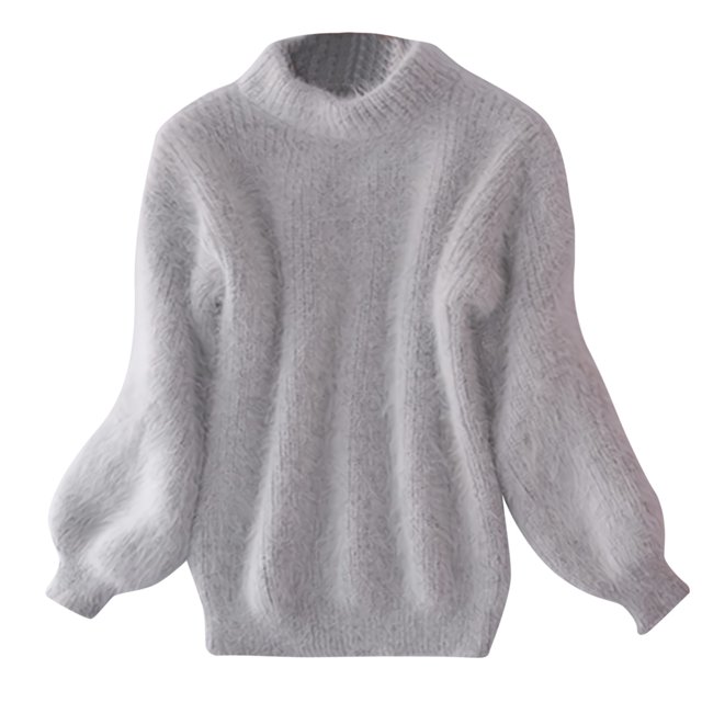 GDREDA Women's Cropped Turtleneck Sweater Lantern Sleeve Ribbed Knit Pullover Sweater Jumper Grey,One Size