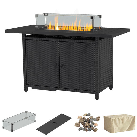 43" Outdoor Propane Fire Pit Table,Gas Fire Pit Table, Black Tempered Glass Tabletop,60,000 BTU Auto-Ignition and CSA Certification,for Outdoor, Patio, Lawn