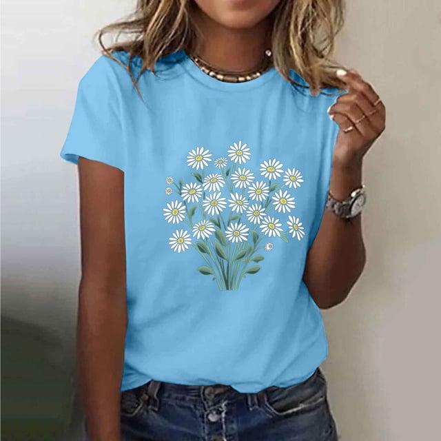 Jienlioq Hauts d'Été pour Femmes T-shirt Imprimé Lover pour Femme Col Rond Manches Courtes Bleu Ciel TTG