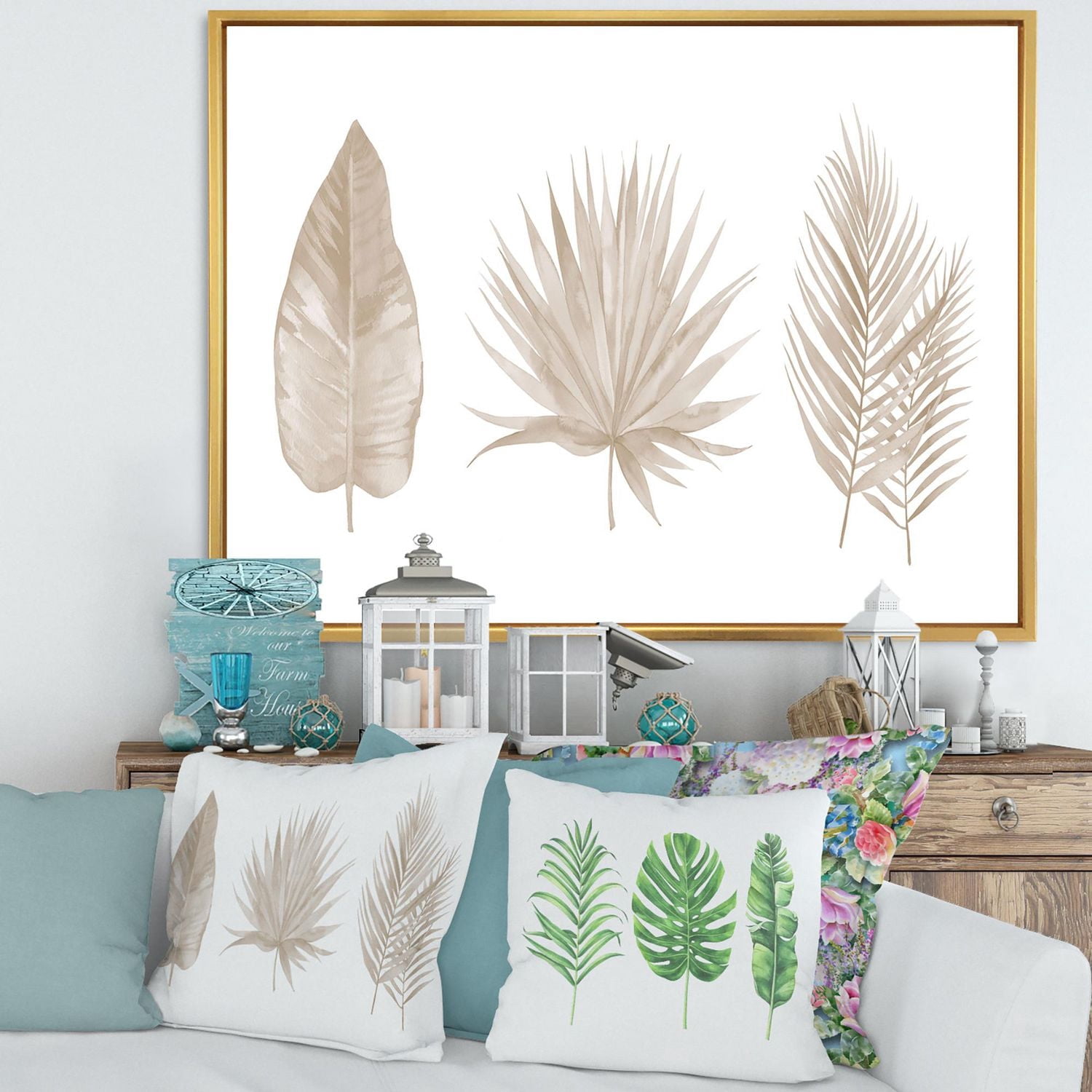 Designart Feuilles Tropicales Beiges ART MURAL À CADRE FLOTTÉ