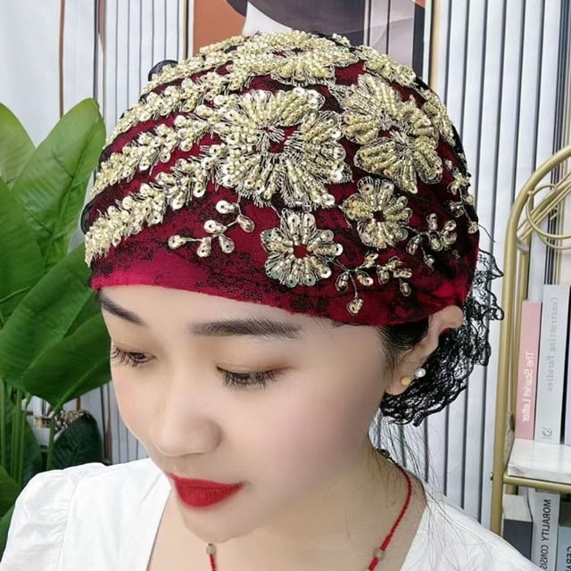 YAOBAMM Ladies Turban Hat Sequin Decor Ladies Turban Hat Color Matching Embroidery Lightweight Headscarf Daily Beanie