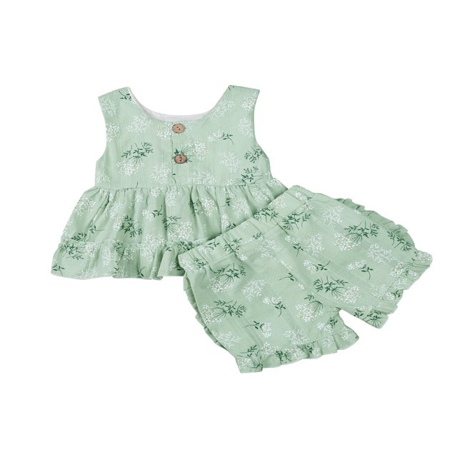 Baby Girl Ruffles Floral Printed Sleeveless Tops and Short Pants 1-2 Years