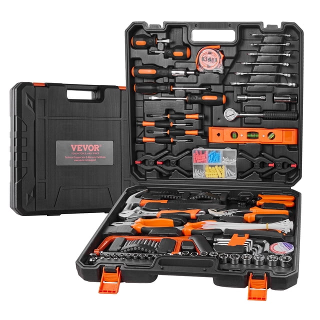 VEVOR Tool Kit 216 Piece General Household Hand Tool Set with Portable Tool Case. Includes hammers, pliers, screwdrivers, tape measure, wrench, and various screwdriver bits. Ideal for DIY projects, home repairs, and automotive maintenance. Tools are organized in a durable black and orange portable case with ergonomic grips and high-polish chrome finish for durability and corrosion resistance.