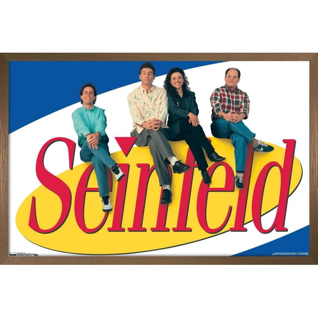 Seinfeld - Logo Wall Poster, 22.375" x 34" featuring four seated figures above bold red 'Seinfeld' text on a yellow oval with blue and white background, printed on glossy poster paper suitable for home or office wall décor.