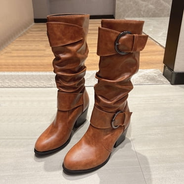 Pisexur Chaussures pour Femmes Bottes Hautes en Cuir Talons Épais Talons Hauts Boucles de Ceinture Bottes pour Femmes Bottes de Cavalier à la Mode