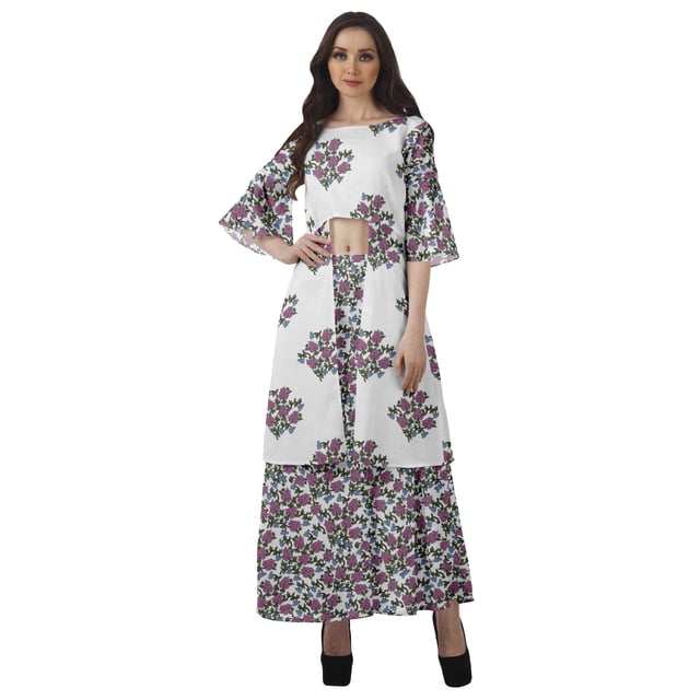 Moomaya Printed High Low Crop Top Kurti Palazzo Set Ethnic Indian Clothing Set For Womens