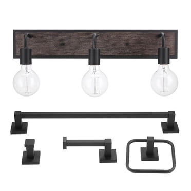 Globe Electric 5-Piece Black and Faux Wood Bath Set, 3-Light LED Vanity Light with Seeded Glass Shades, Minimal Style