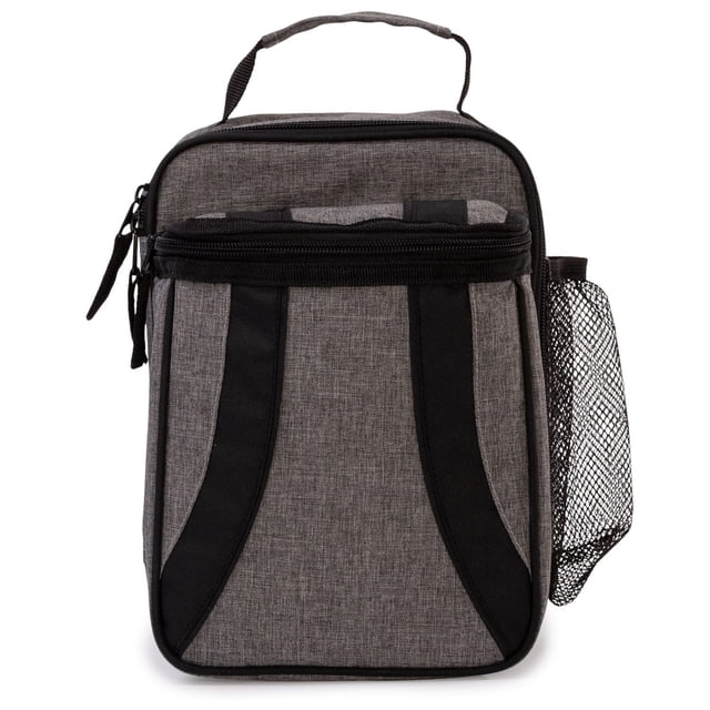 Jetstream Deluxe Kids Lunch Bag insulated with PEVA lining in grey polyester, featuring a front zippered pocket, side mesh water bottle holder, and padded handle, measuring 10 by 7 by 6 inches, suitable for school lunches and weekend outings.