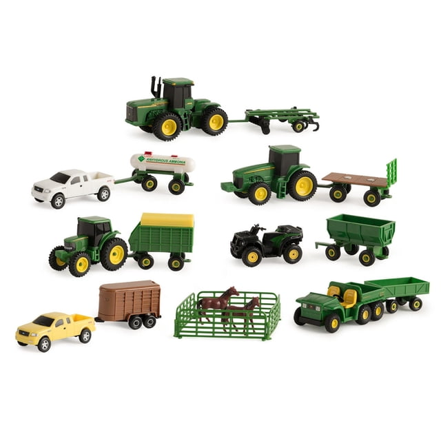 John Deere Ensemble Valeur de Véhicules avec 26 Jouets de Ferme Incluant des Tracteurs Verts et Jaunes, des Camions, des Remorques, un VTT, un Véhicule Utilitaire, une Remorque pour Bétail et un Enclos avec Deux Chevaux Bruns. Chaque Véhicule Moulé sous Pression Mesure Environ 3 Pouces de long avec des Roues Roulantes Libres, Parfait pour Créer un Ensemble de Jeu de Ferme Personnalisable pour les Enfants de 3 Ans et Plus.
