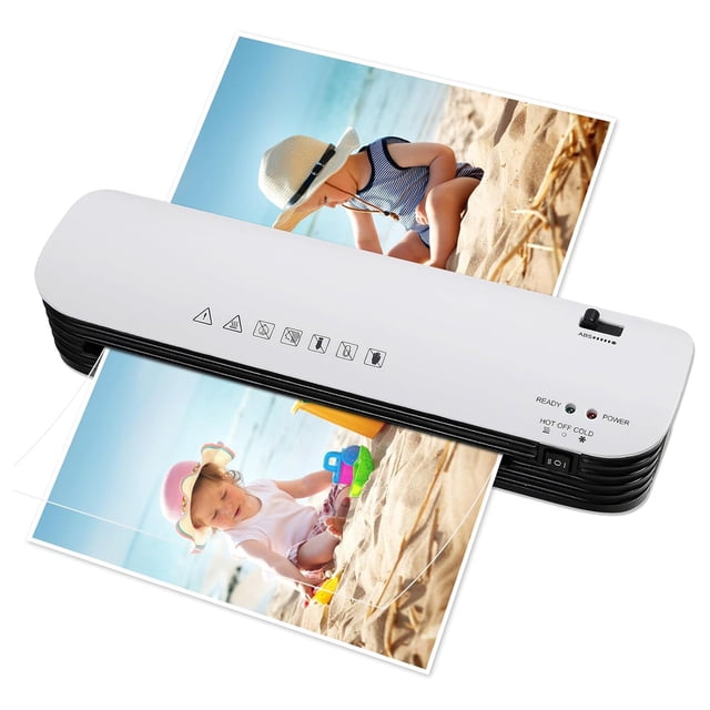 axGear Laminator Hot Cold A4 Letter Size Portable for Home Office Laminating Machine. A compact white laminator with a black base, featuring a 9-inch laminating width and dual hot and cold lamination modes. The device is shown laminating a photo of a child on a beach, with clear and smooth results. Equipped with an ABS anti-jam button and user-friendly controls, it is suitable for laminating photos, documents, and other materials. Ideal for home and office use.