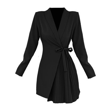 WTXUE Robes d'Uniforme, Blazer à Manches Longues Ligne A à Col en V, Automne Hiver Veste de Complet en Dentelle Plissée Robe Unie Falda Courte Mujer Blouson Mini pour Femme Grande Taille, Noir Taille m