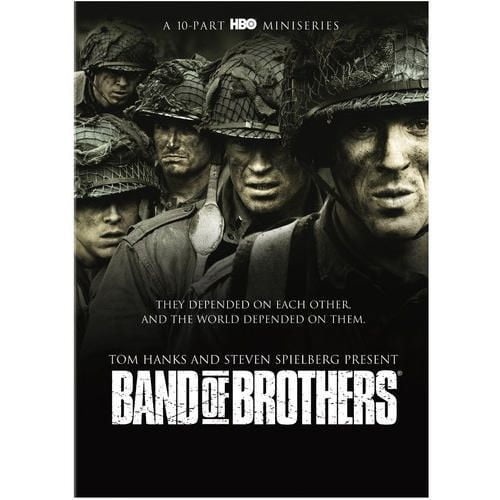 Band Of Brothers (Blu-ray) cover featuring World War II soldiers wearing helmets and military gear in a dark, gritty composition with the tagline 'They depended on each other and the world depended on them,' presented by Tom Hanks and Steven Spielberg for the HBO miniseries.