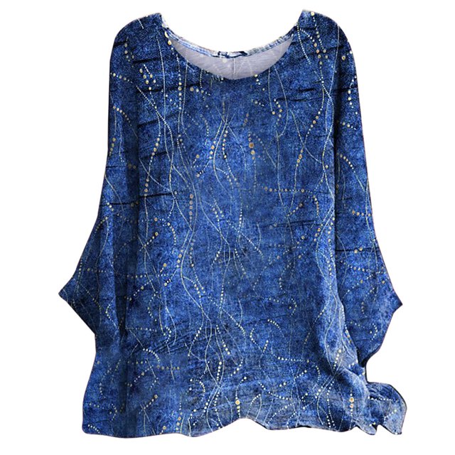 IROINID Liquidation Hauts Grande Taille pour Femmes Col Rond Manches Longues T-shirt Imprimé Blouse, Bleu
