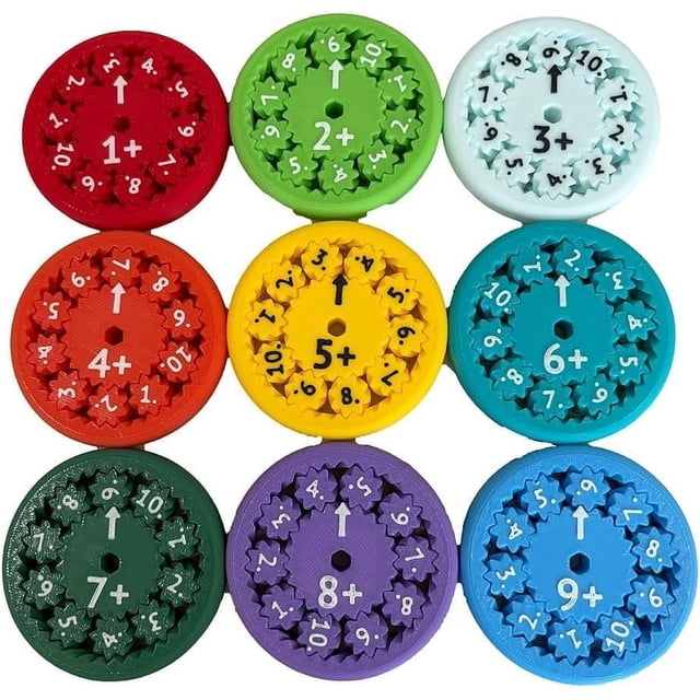 Graflsoa Interactive Math Learning Fidget Spinners, a set of 9 colorful plastic spinners in red, green, purple, yellow, orange, teal, and white. Each spinner displays math equations and numbers for engaging arithmetic practice. Suitable for classrooms, homeschooling, or study sessions.
