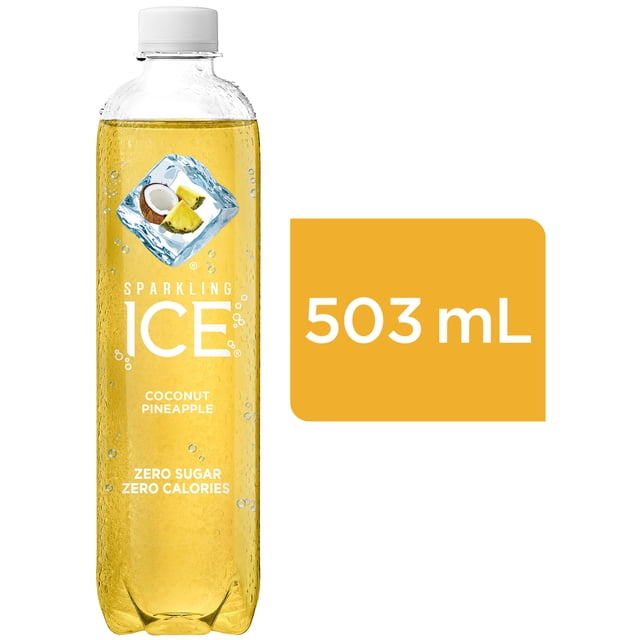 Sparkling Ice Coconut Pineapple 503ml sparkling water in a clear plastic bottle with white cap, filled with light yellow carbonated liquid, labeled zero sugar and zero calories, suitable for a refreshing tropical drink.