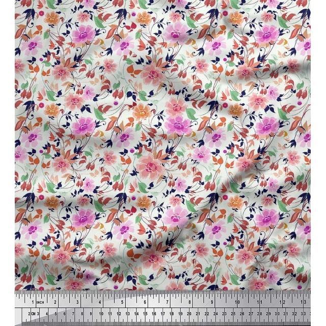 Soimoi Polyester Crepe Fabric Leaves & Floral Artistic Print Sewing Fabric Yard 52 Inch Wide
