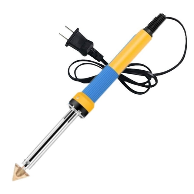 Lefu 80 Watt Plastic Welding Iron TPO TEO PP Rod Mesh Auto Car Bumper Welder Repair (Iron 2). A yellow and blue handheld plastic welding iron with a pointed brass tip, black power cord, and US plug. Designed for efficient heating with superior thermal conductivity, suitable for DIY repairs, electronic circuit boards, jewelry, and small electronic products. Includes a metal stand, mesh, wire brush, and plastic rods for versatile use.